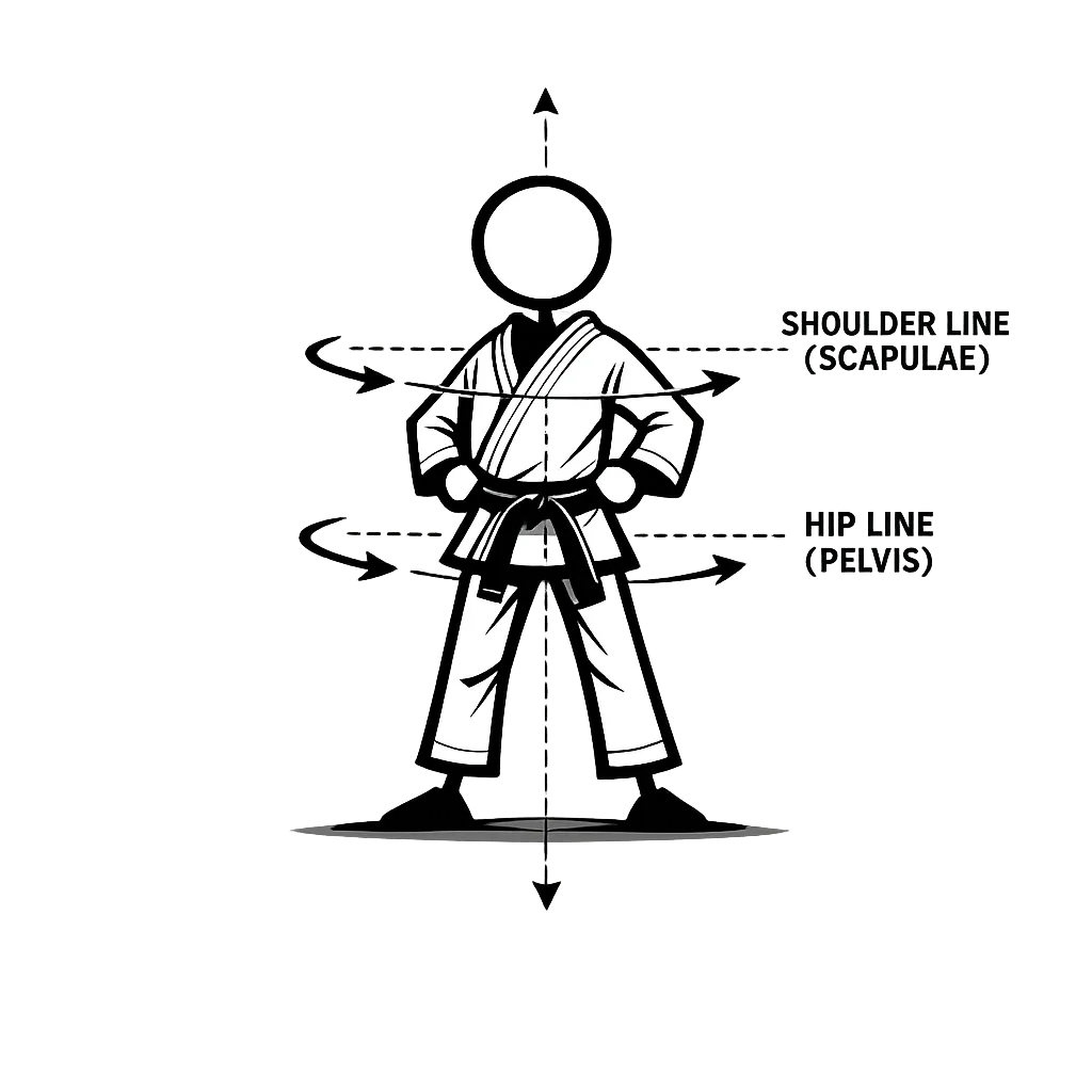 Hip line and shoulder line defining spinal rotation